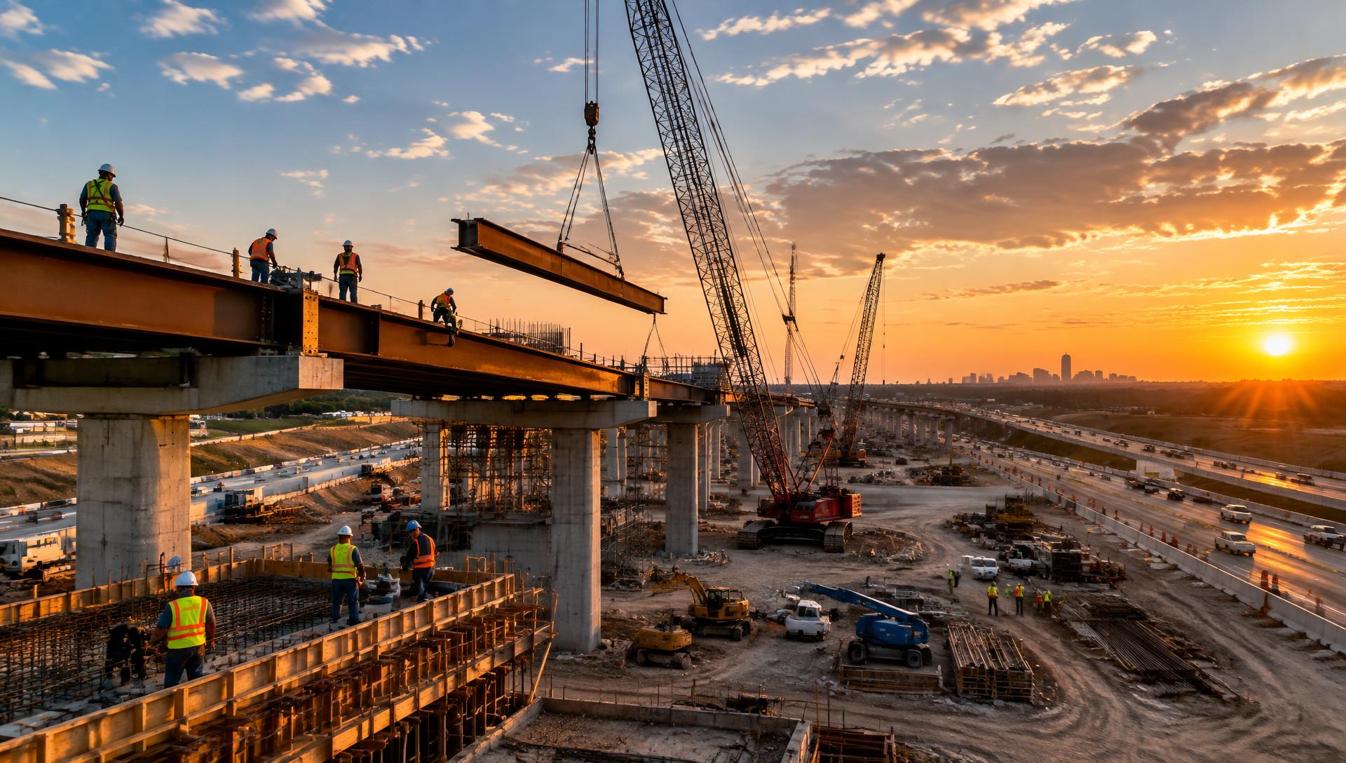 Highway and bridge construction site in Texas at sunset